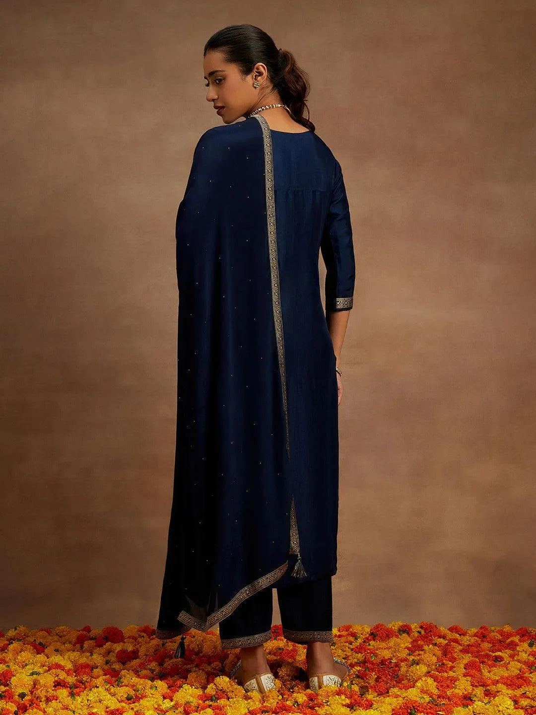Navy Blue Woven Design Silk Blend Straight Kurta With Trousers & Dupatta - Libas 