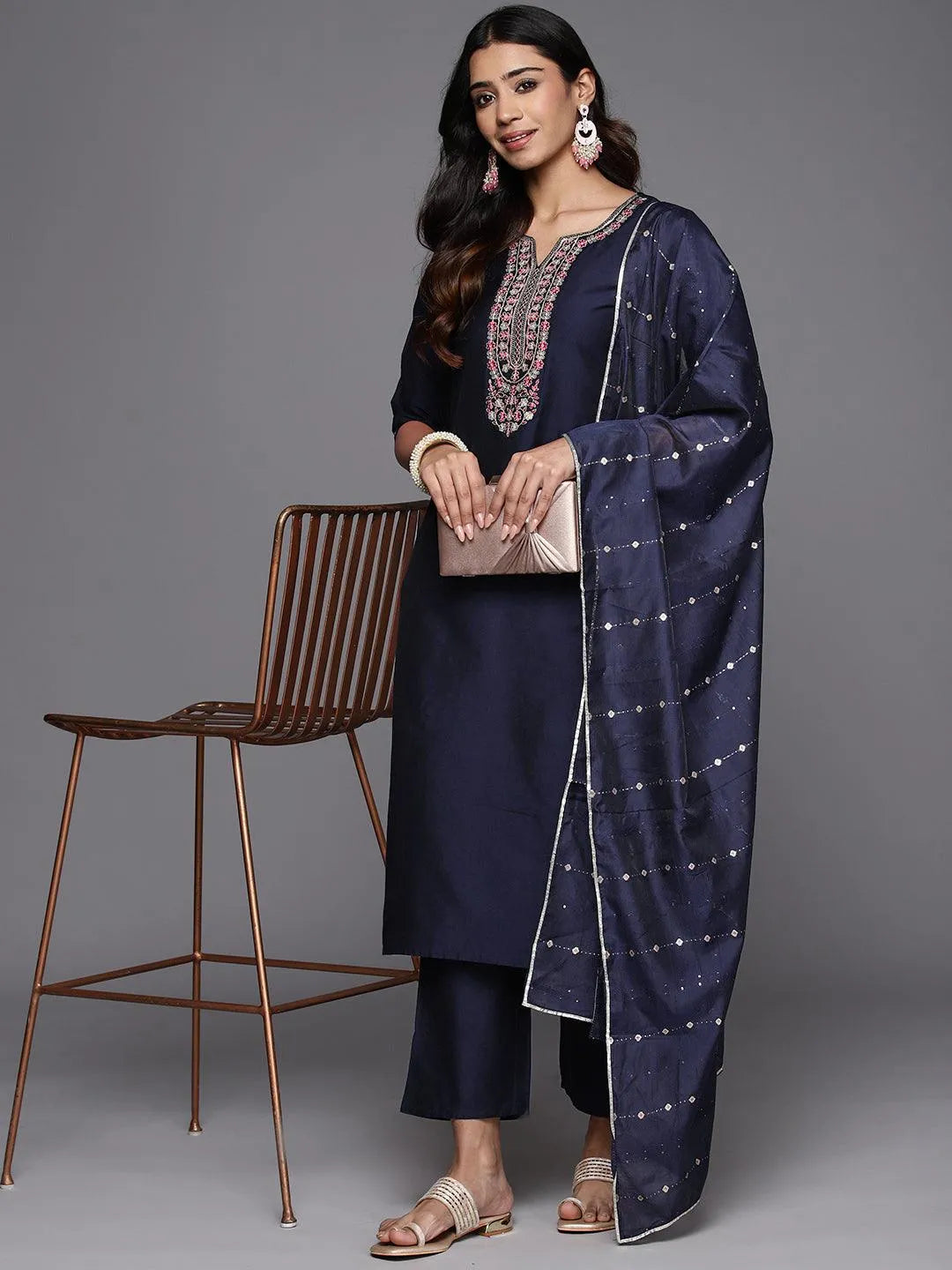 Navy Blue Yoke Design Silk Blend Straight Kurta With Trousers & Dupatta - Libas 