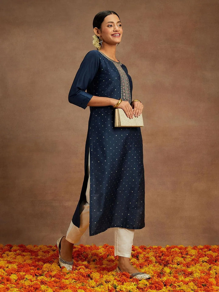 Navy Printed Silk Straight Kurta - Libas