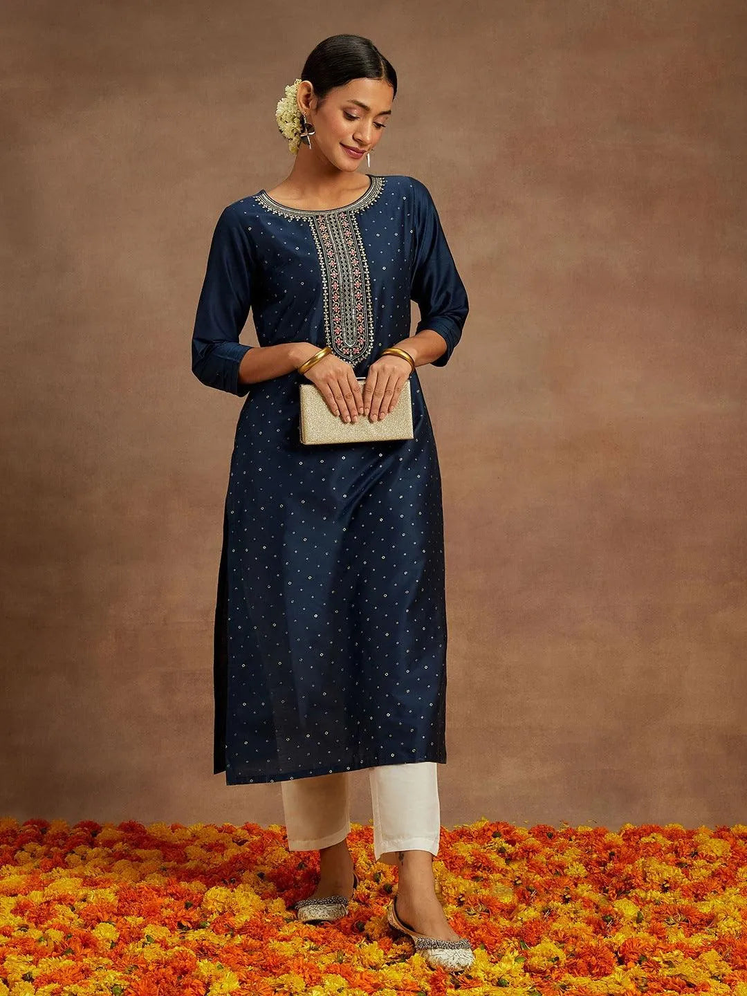 Navy Printed Silk Straight Kurta - Libas 
