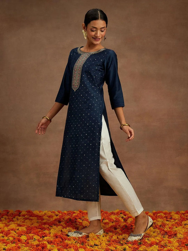 Navy Printed Silk Straight Kurta - Libas