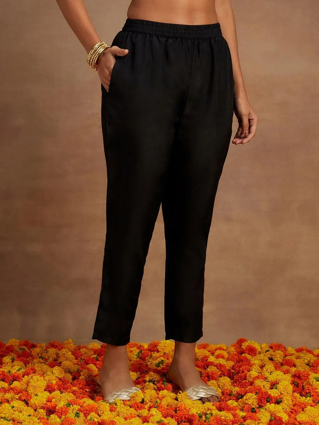 Navy Yoke Design Silk Blend Straight Kurta With Trousers & Dupatta - Libas 
