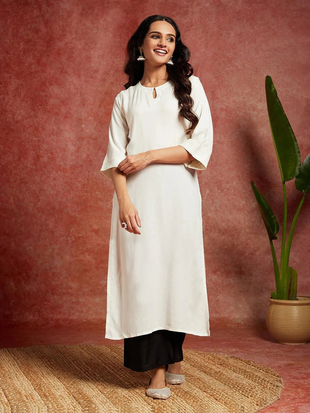 Off White Solid Rayon Straight Kurta - Libas 