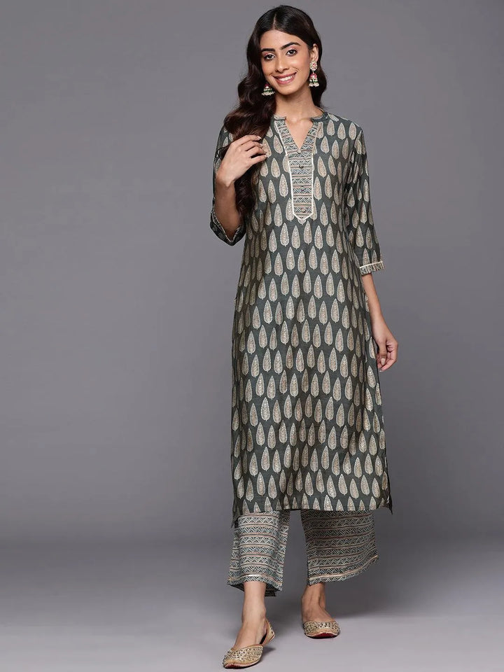 Olive Printed Silk Blend Straight Kurta With Palazzos - Libas