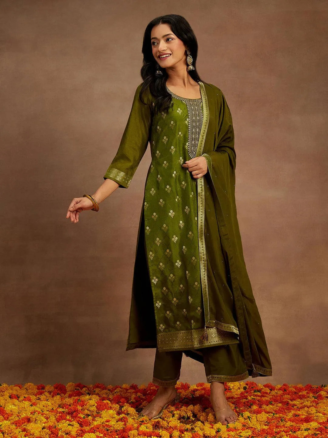 Olive Woven Design Silk Blend Straight Kurta With Trousers & Dupatta - Libas