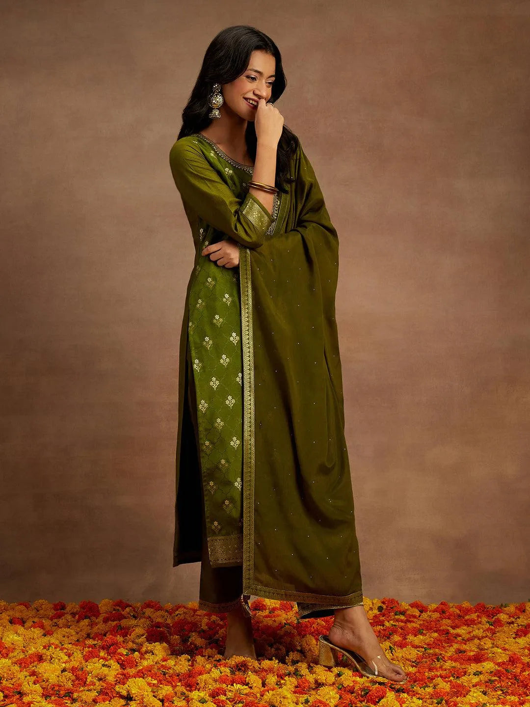 Olive Woven Design Silk Blend Straight Kurta With Trousers & Dupatta - Libas 