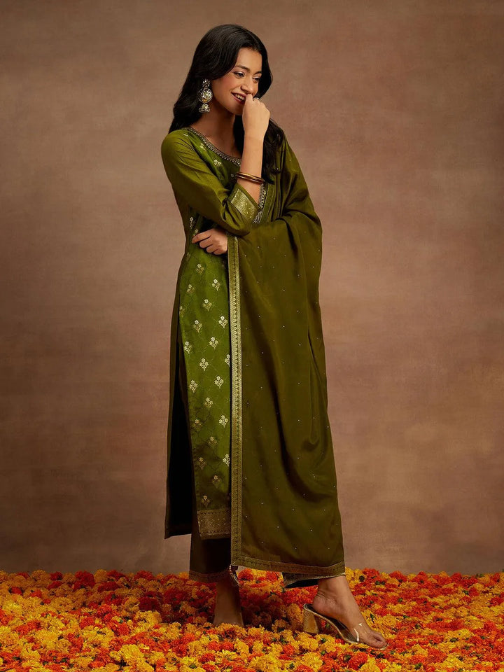 Olive Woven Design Silk Blend Straight Kurta With Trousers & Dupatta - Libas