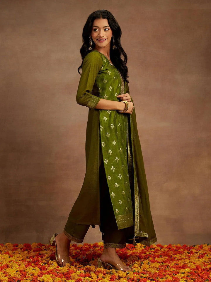 Olive Woven Design Silk Blend Straight Kurta With Trousers & Dupatta - Libas