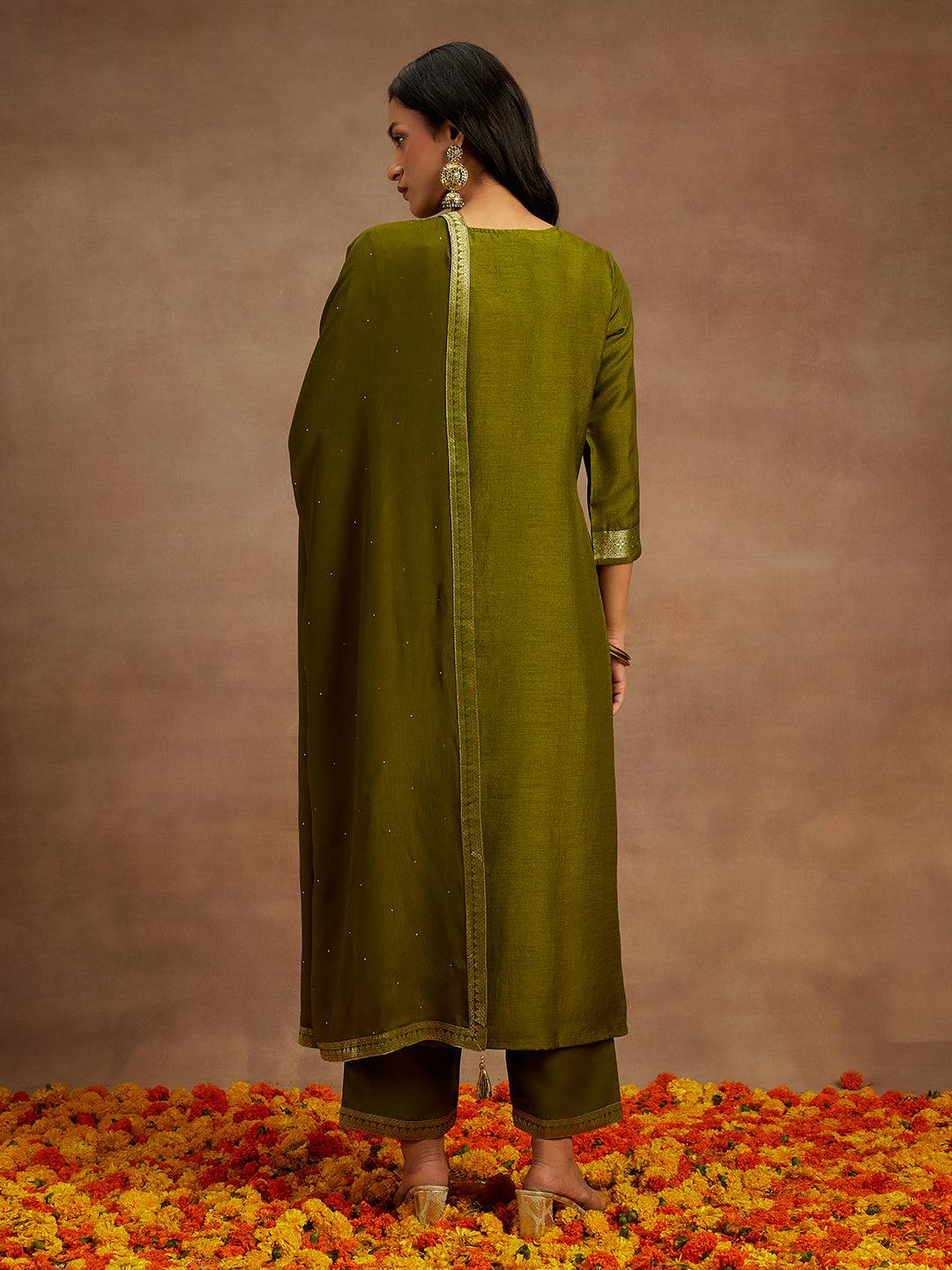 Olive Woven Design Silk Blend Straight Kurta With Trousers & Dupatta - Libas