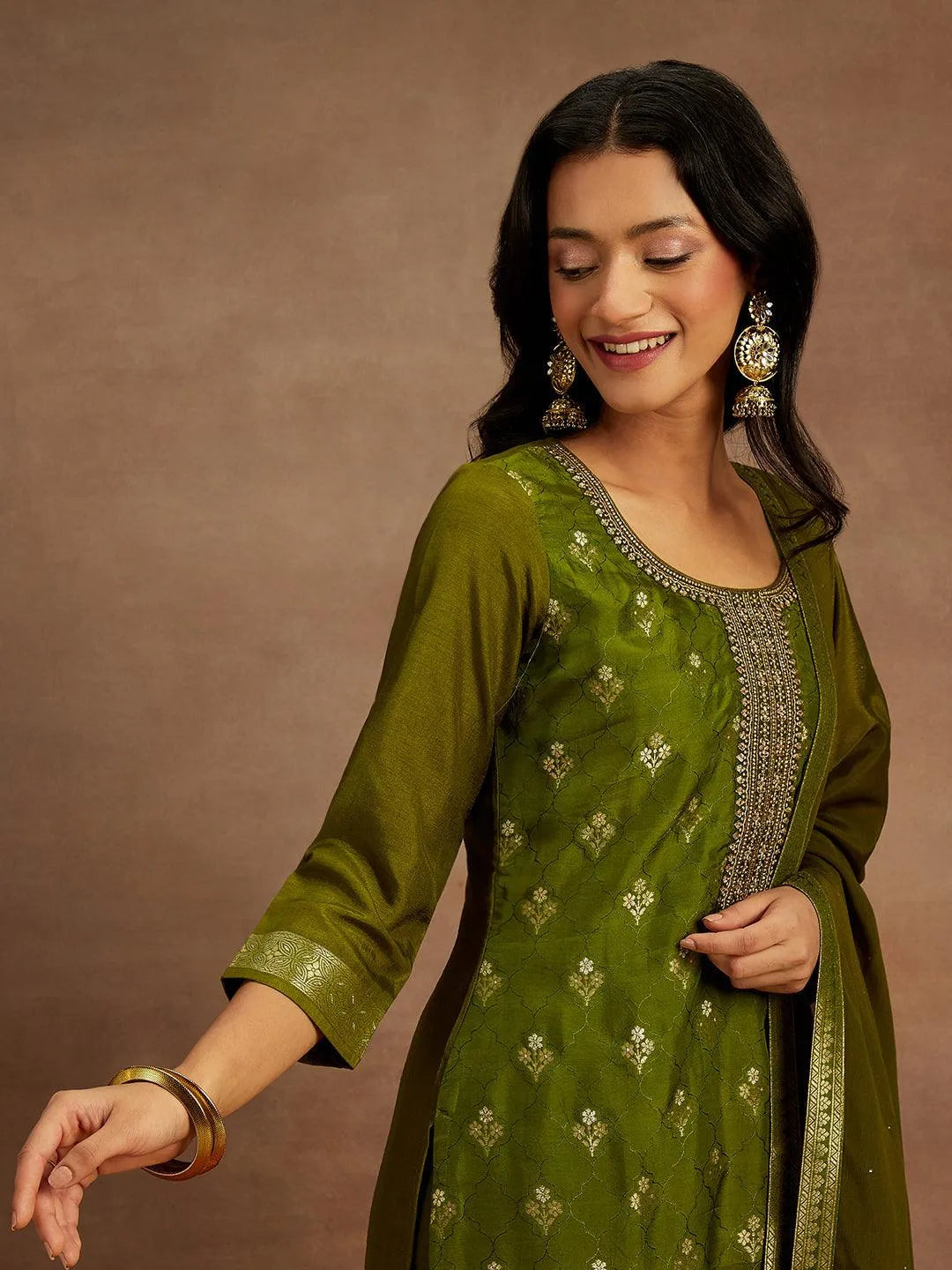 Olive Woven Design Silk Blend Straight Kurta With Trousers & Dupatta - Libas