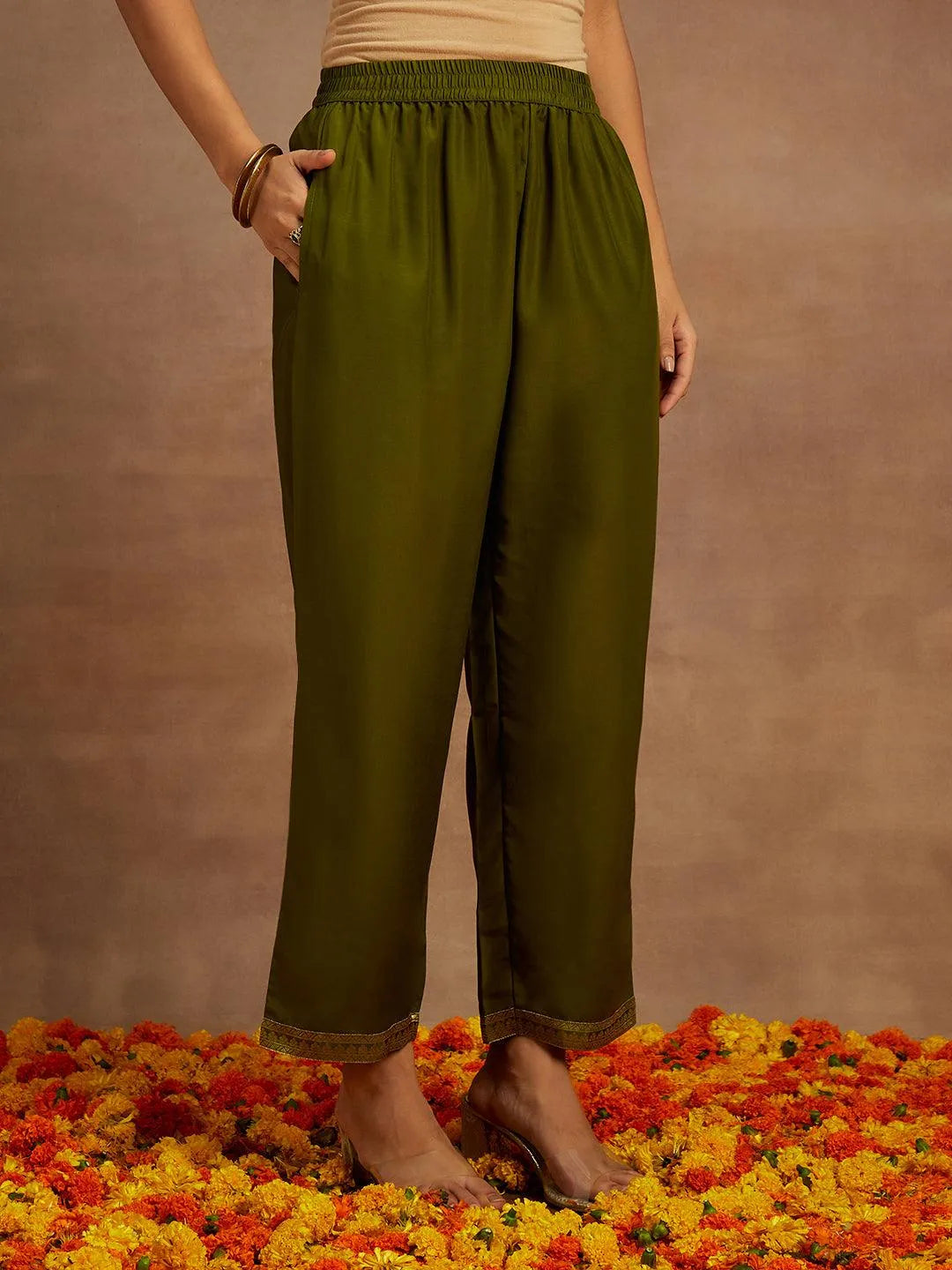 Olive Woven Design Silk Blend Straight Kurta With Trousers & Dupatta - Libas