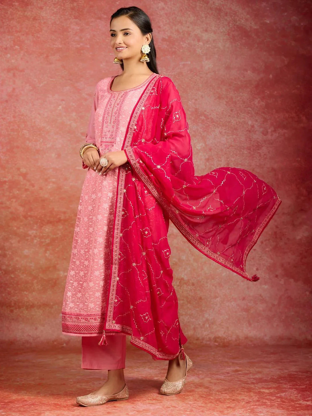 Peach Embroidered Georgette Straight Kurta With Trousers & Dupatta - Libas