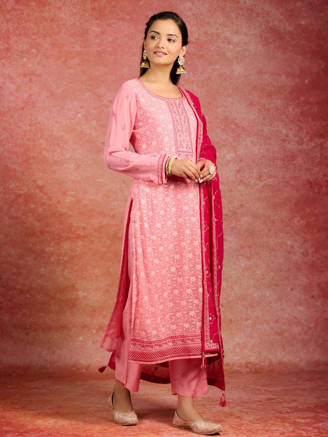 Peach Embroidered Georgette Straight Kurta With Trousers & Dupatta - Libas