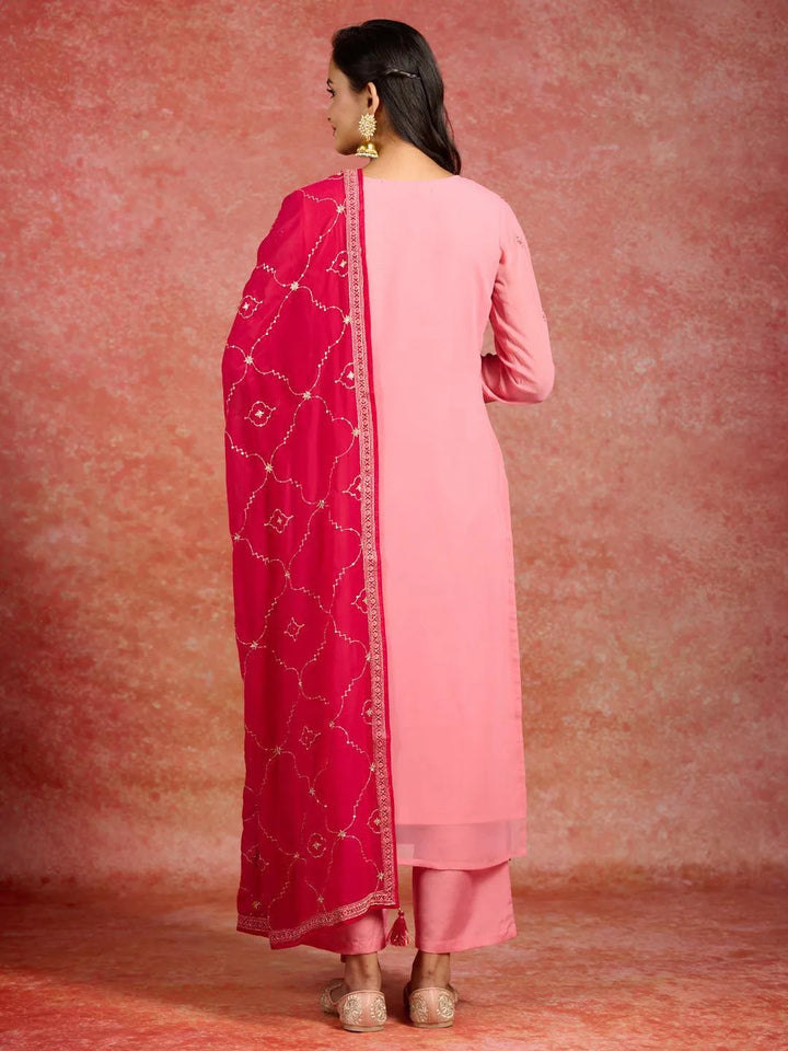 Peach Embroidered Georgette Straight Kurta With Trousers & Dupatta - Libas