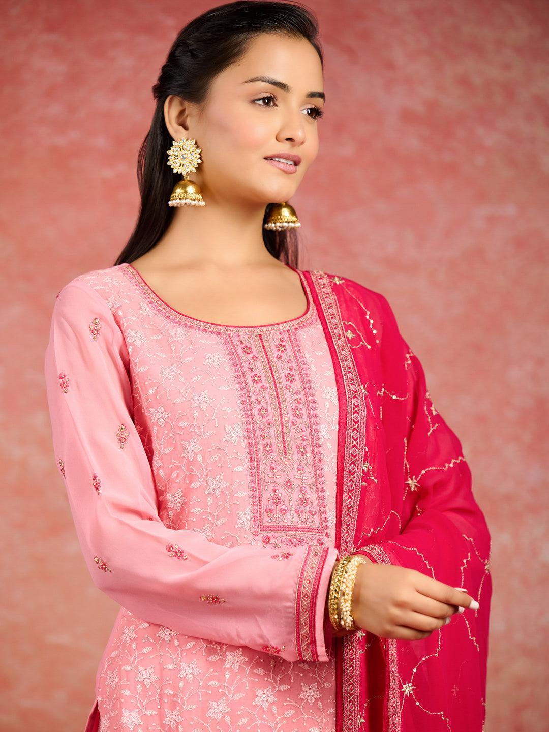 Peach Embroidered Georgette Straight Suit With Dupatta