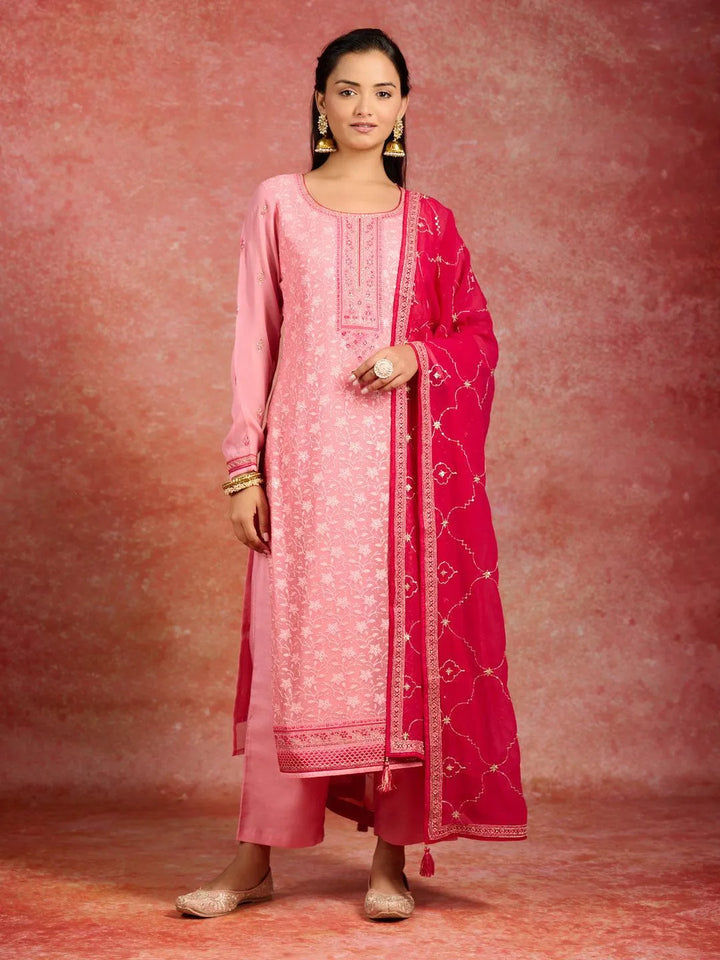 Peach Embroidered Georgette Straight Kurta With Trousers & Dupatta - Libas