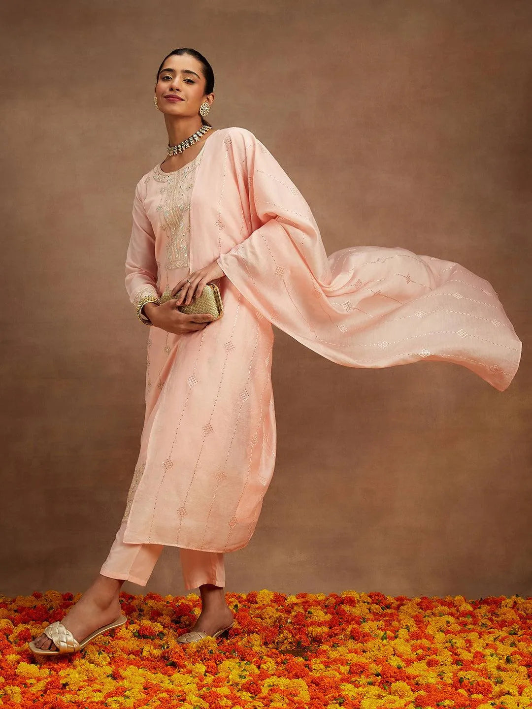 Women Peach Vichitra Silk Embroidery work Kurta Set With Dupatta