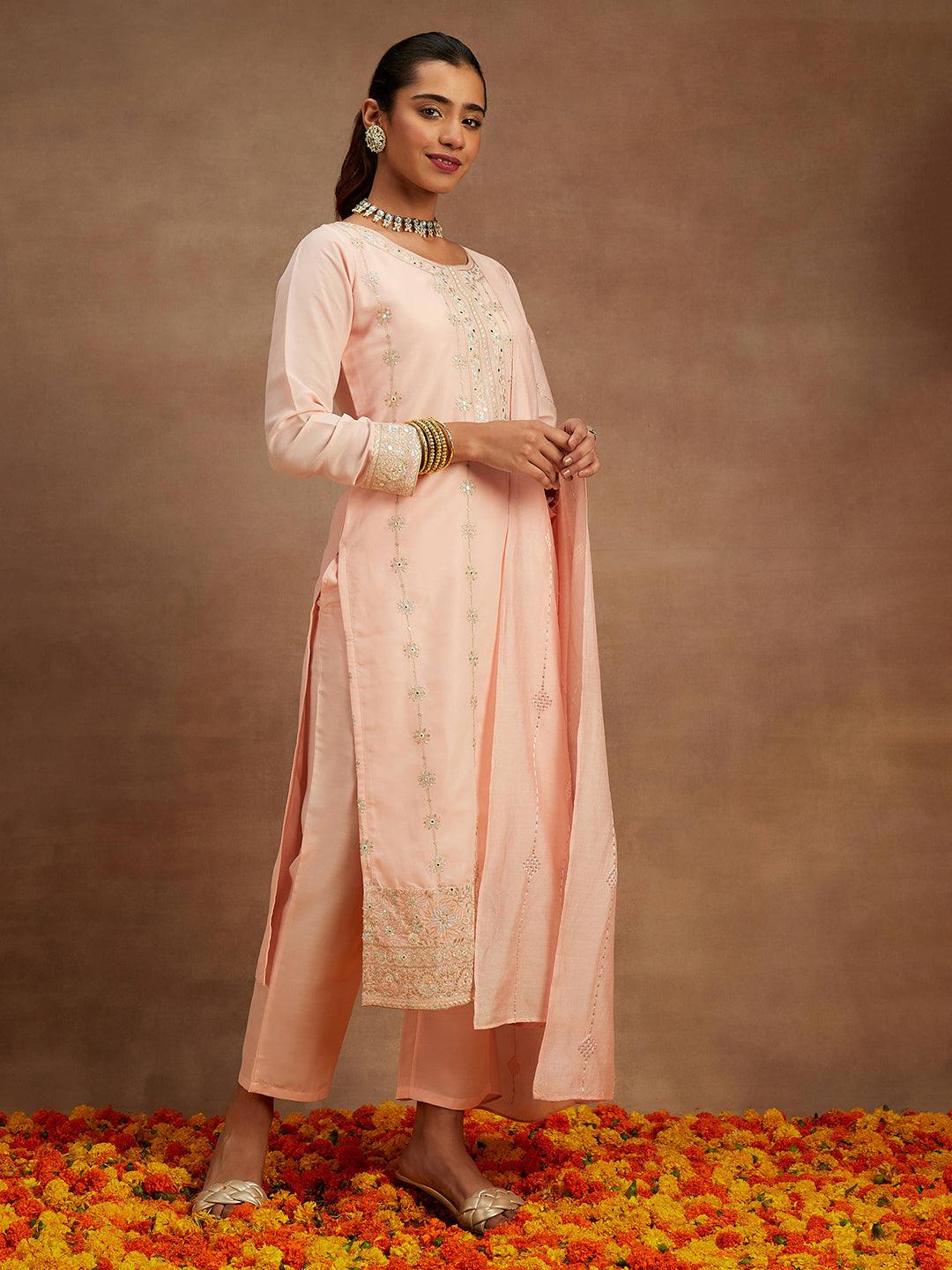 Peach Embroidered Silk Straight Suit With Dupatta