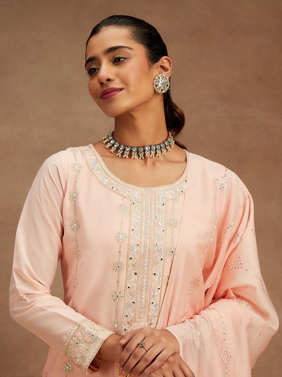 Peach Embroidered Silk Straight Suit With Dupatta