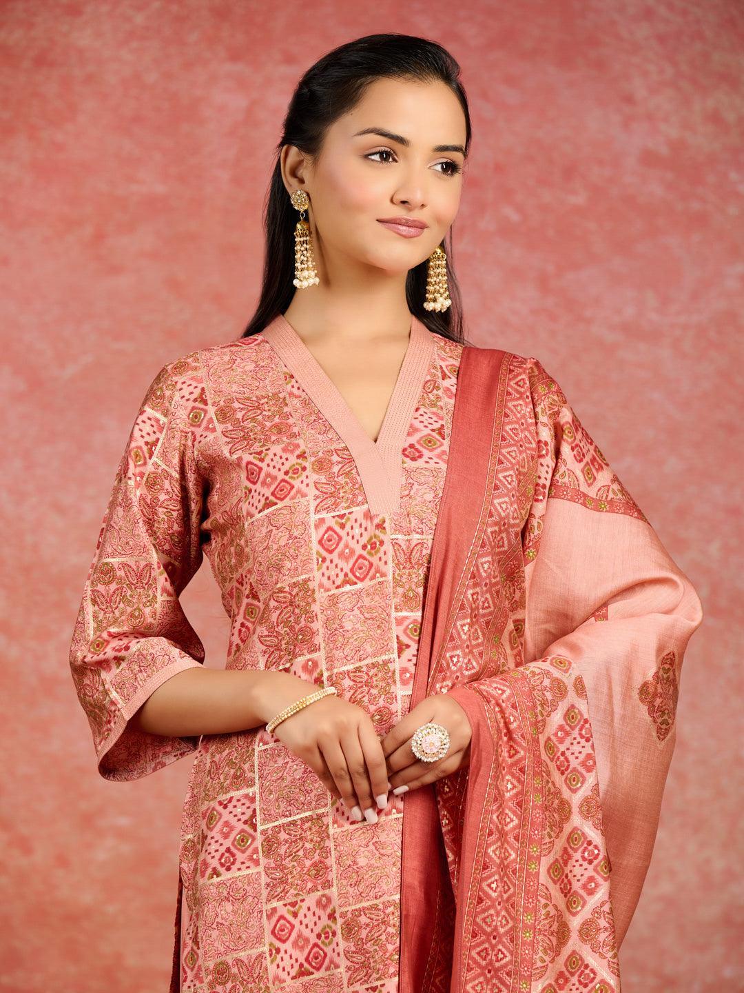 Peach Printed Silk Blend Straight Kurta With Salwar & Dupatta - Libas