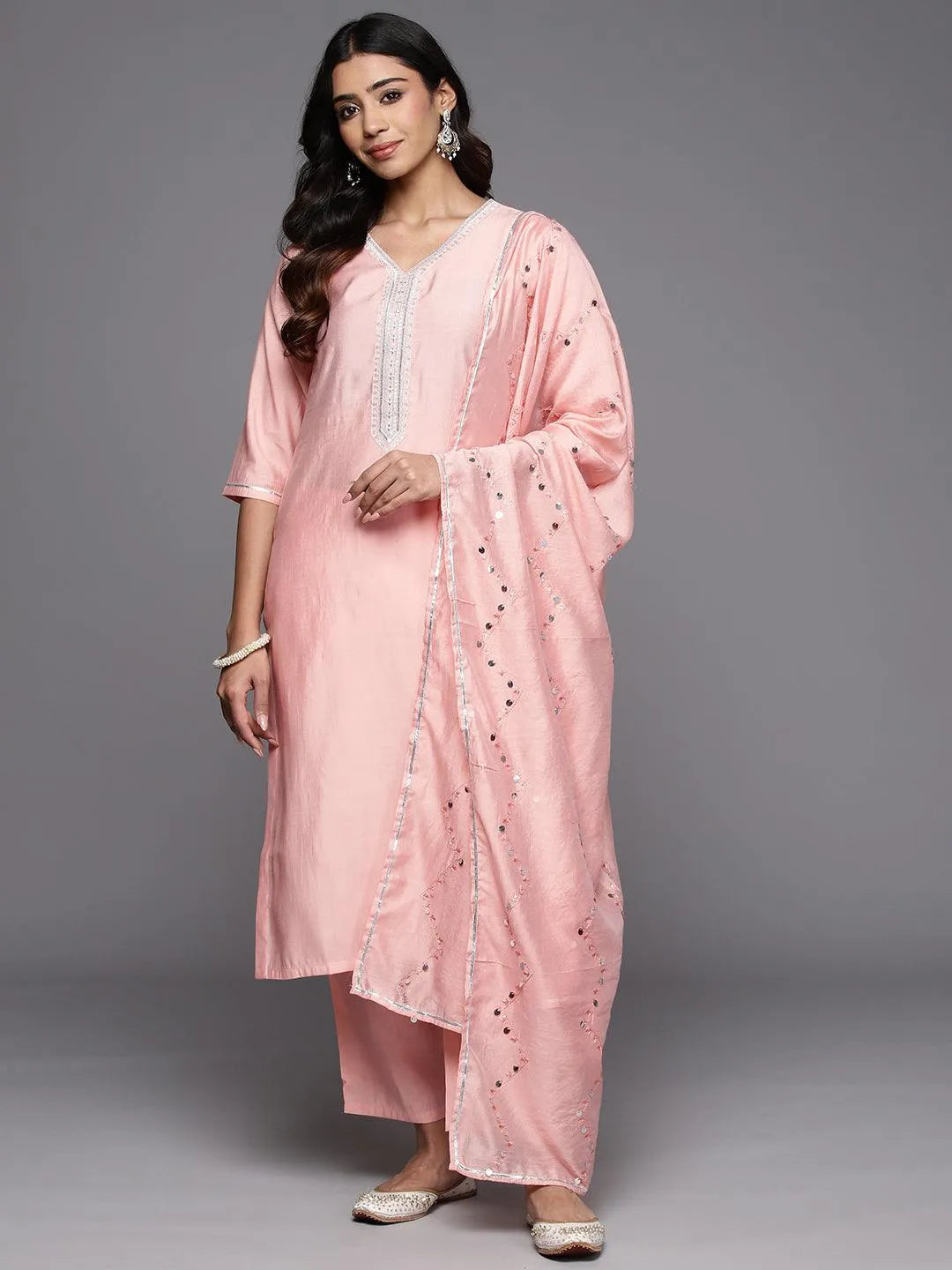 Buy Peach Yoke Design Silk Blend Straight Suit With Dupatta Online at