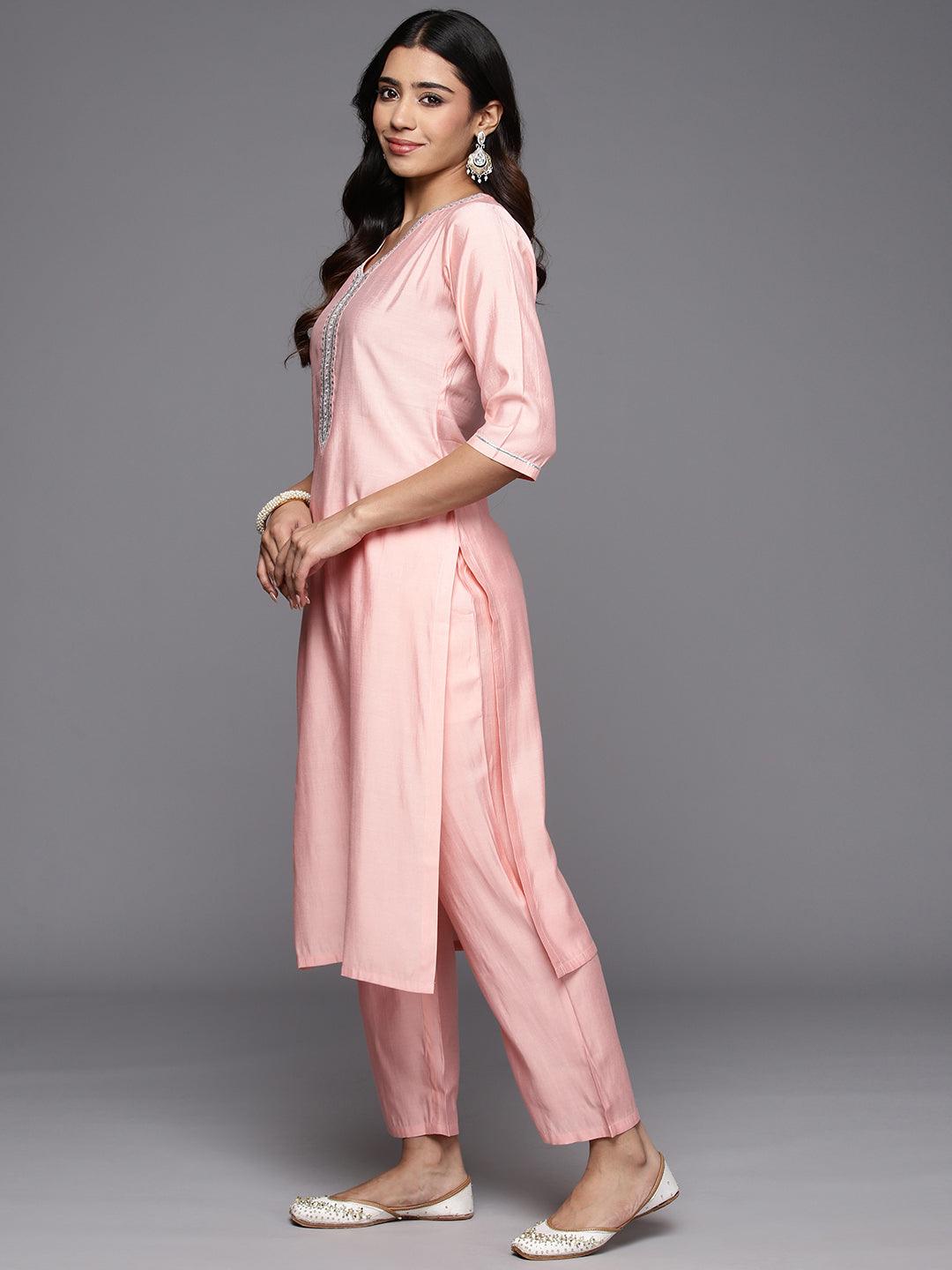Peach Yoke Design Silk Blend Straight Kurta With Trousers & Dupatta - Libas