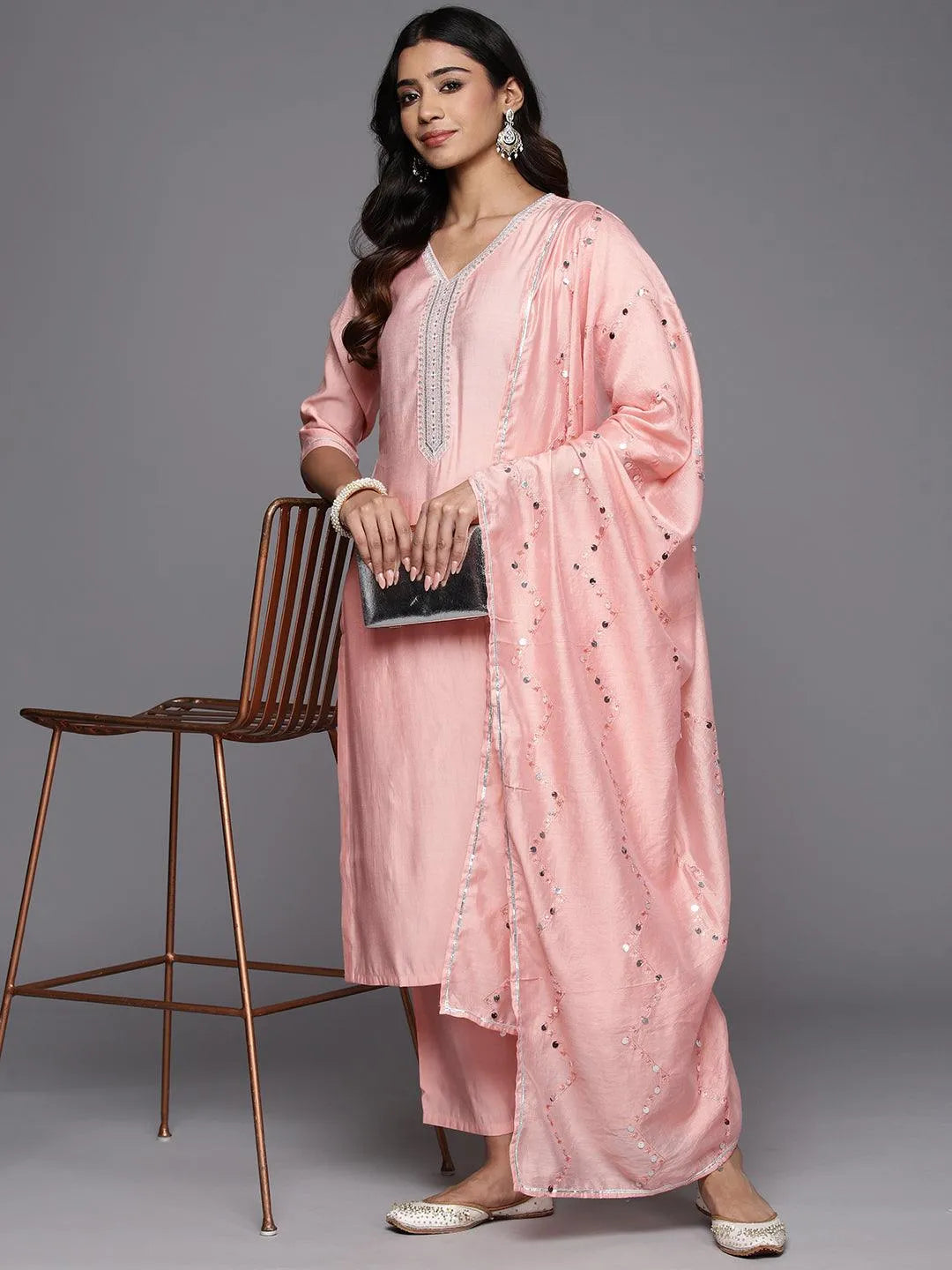 Peach Yoke Design Silk Blend Straight Kurta With Trousers & Dupatta - Libas 