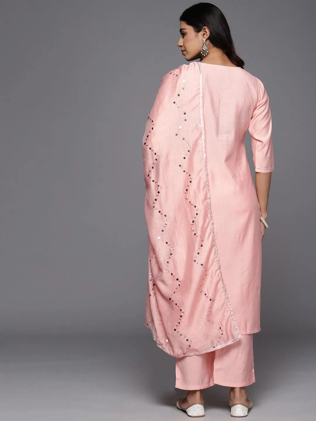 Peach Yoke Design Silk Blend Straight Kurta With Trousers & Dupatta - Libas 