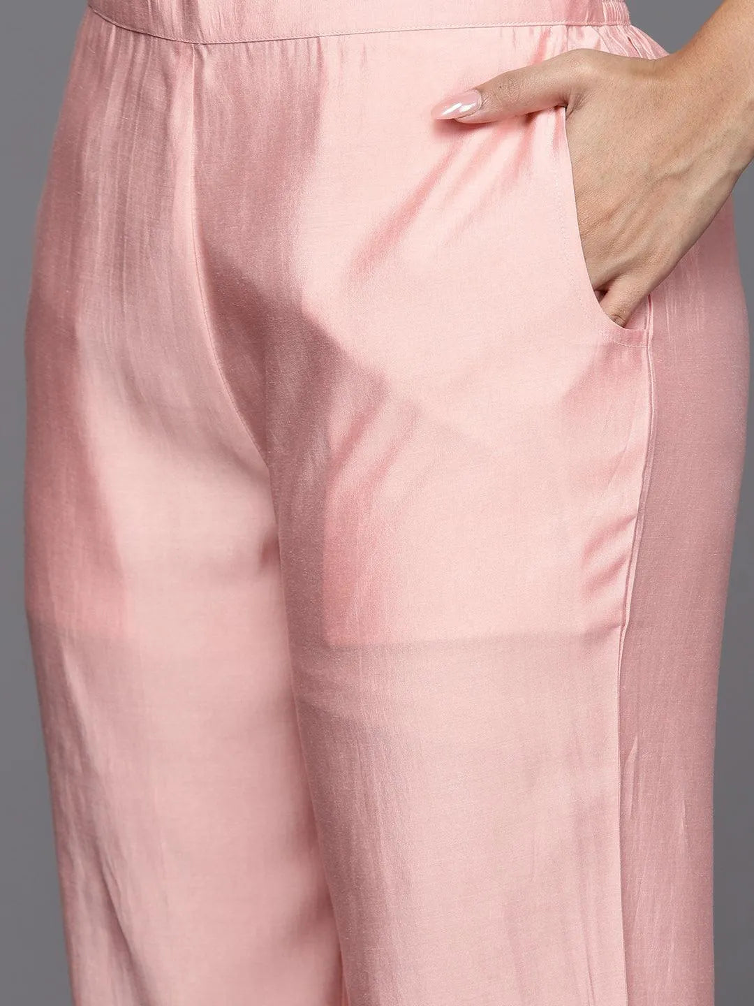 Peach Yoke Design Silk Blend Straight Kurta With Trousers & Dupatta - Libas 