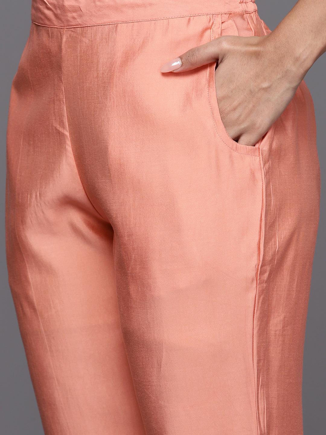 Peach Yoke Design Silk Blend Straight Kurta With Trousers & Dupatta - Libas