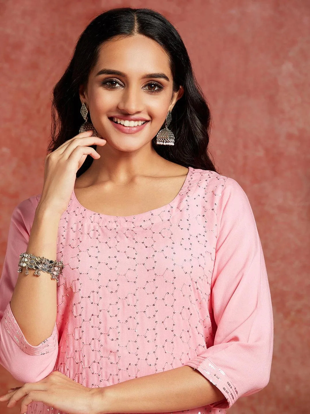 Pink Embellished Rayon Straight Kurta - Libas 