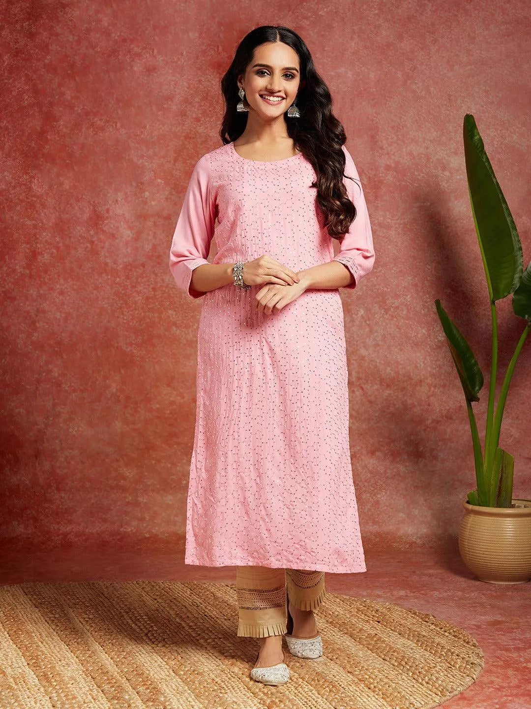 Pink Embellished Rayon Straight Kurta - Libas 