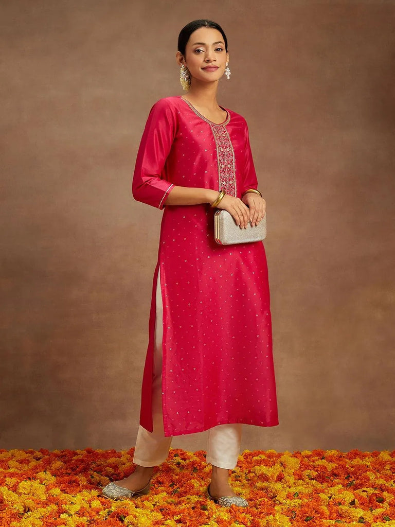 Libas Pink Embellished Silk Straight Kurta