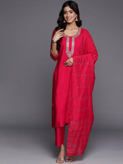 Pink Embroidered Silk Blend Straight Kurta With Trousers & Dupatta - Libas