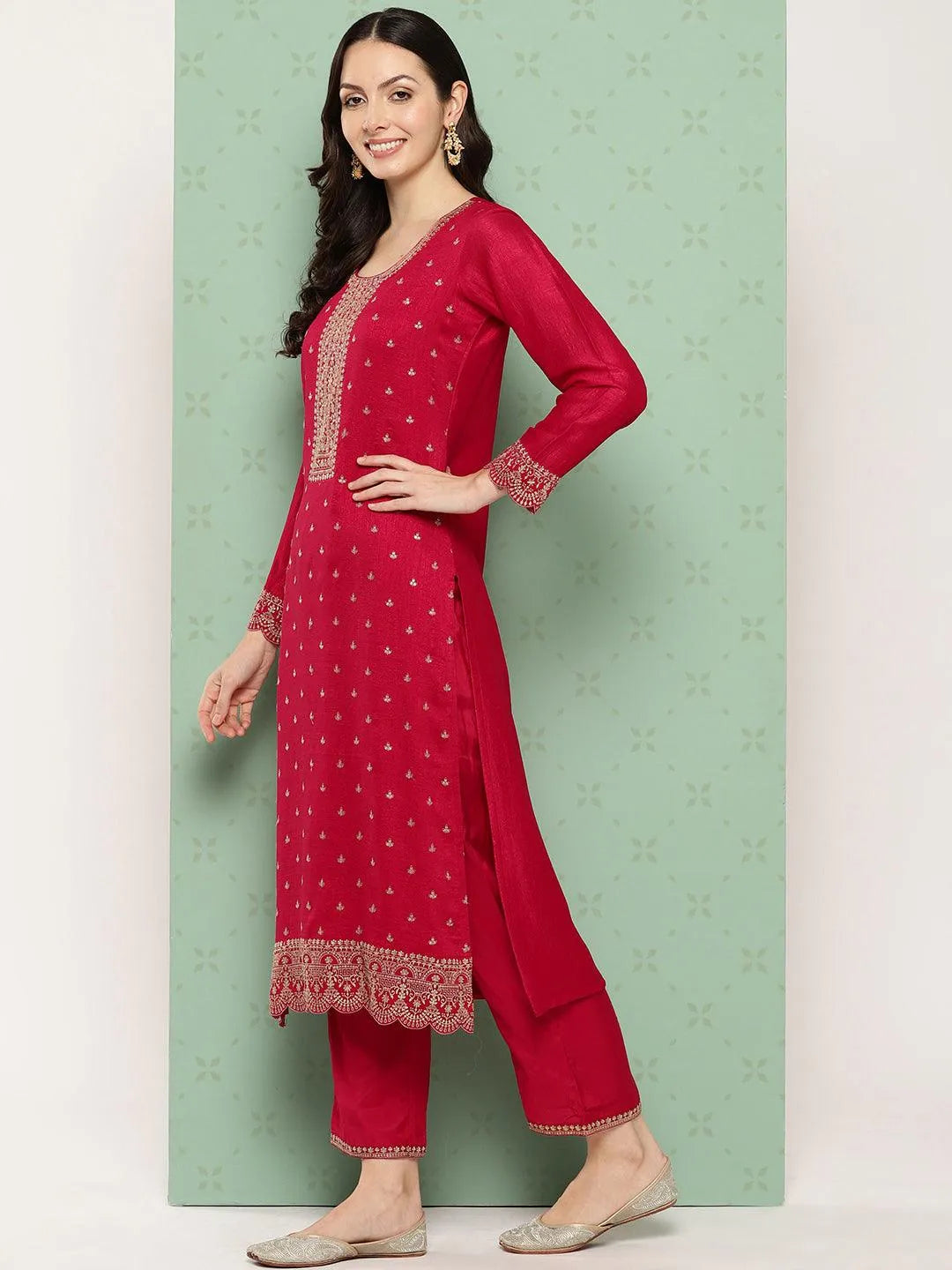 Pink Embroidered Silk Blend Straight Kurta With Trousers & Dupatta - Libas 