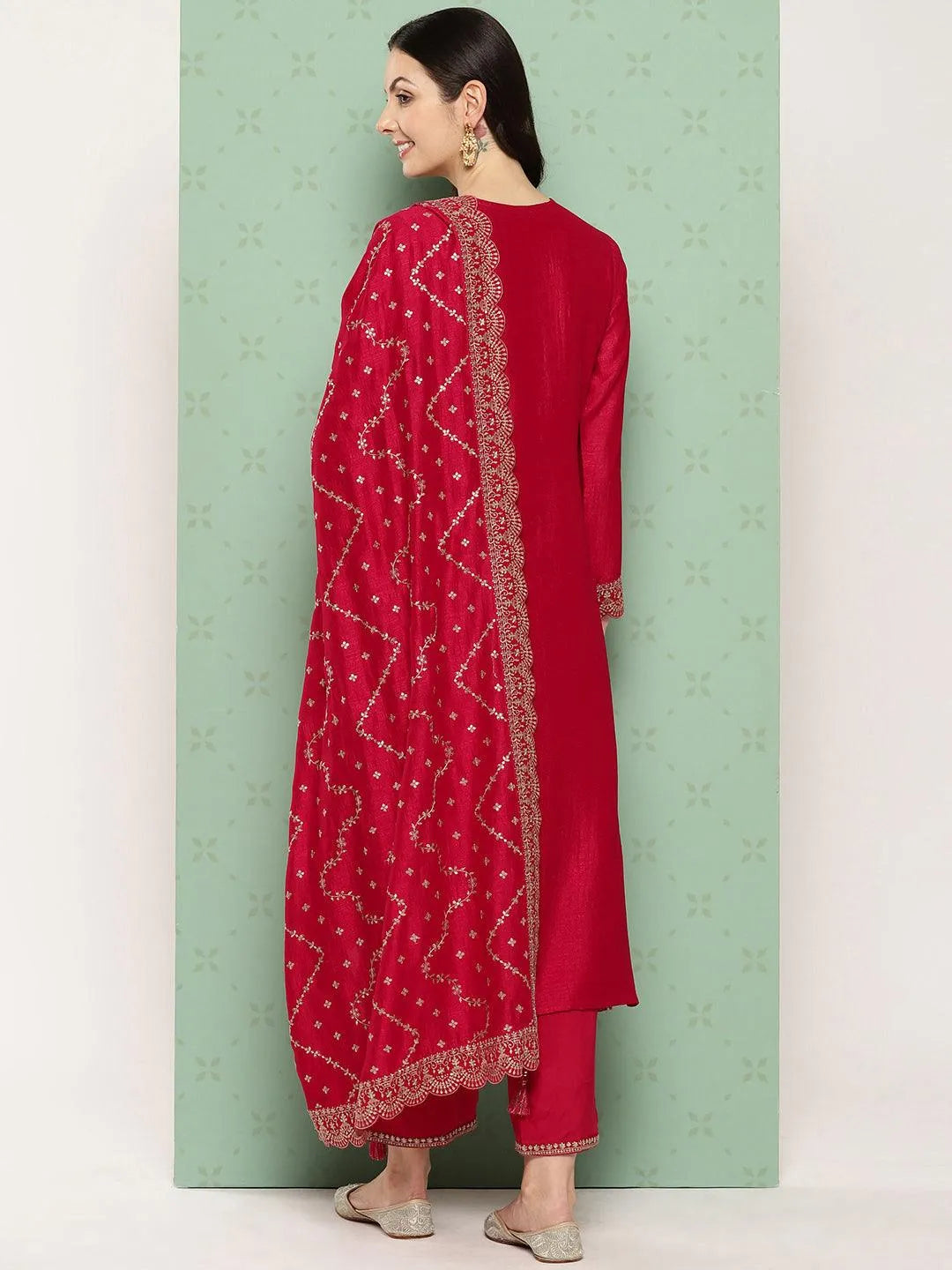 Pink Embroidered Silk Blend Straight Kurta With Trousers & Dupatta - Libas 