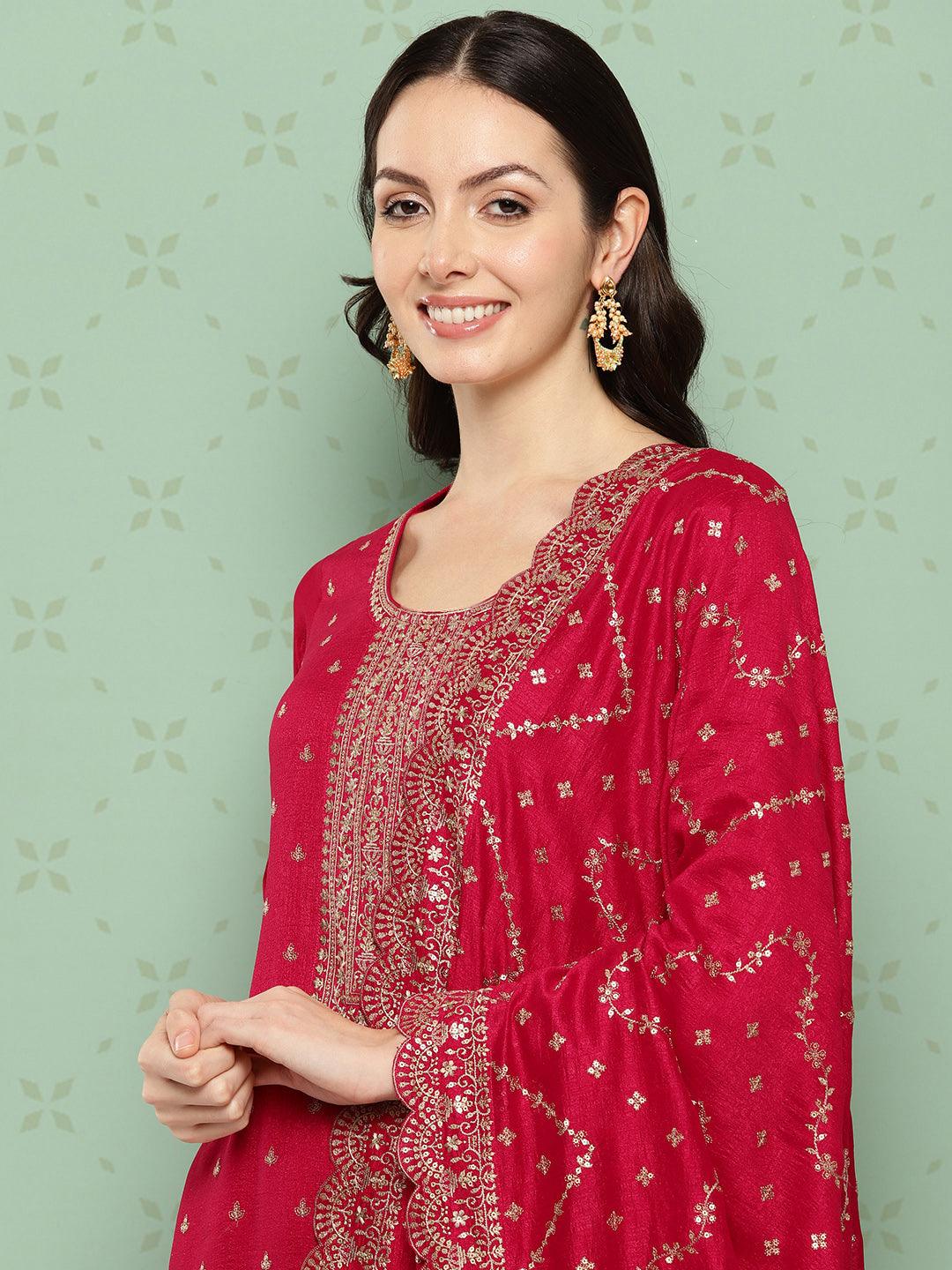 Pink Embroidered Silk Blend Straight Kurta With Trousers & Dupatta - Libas