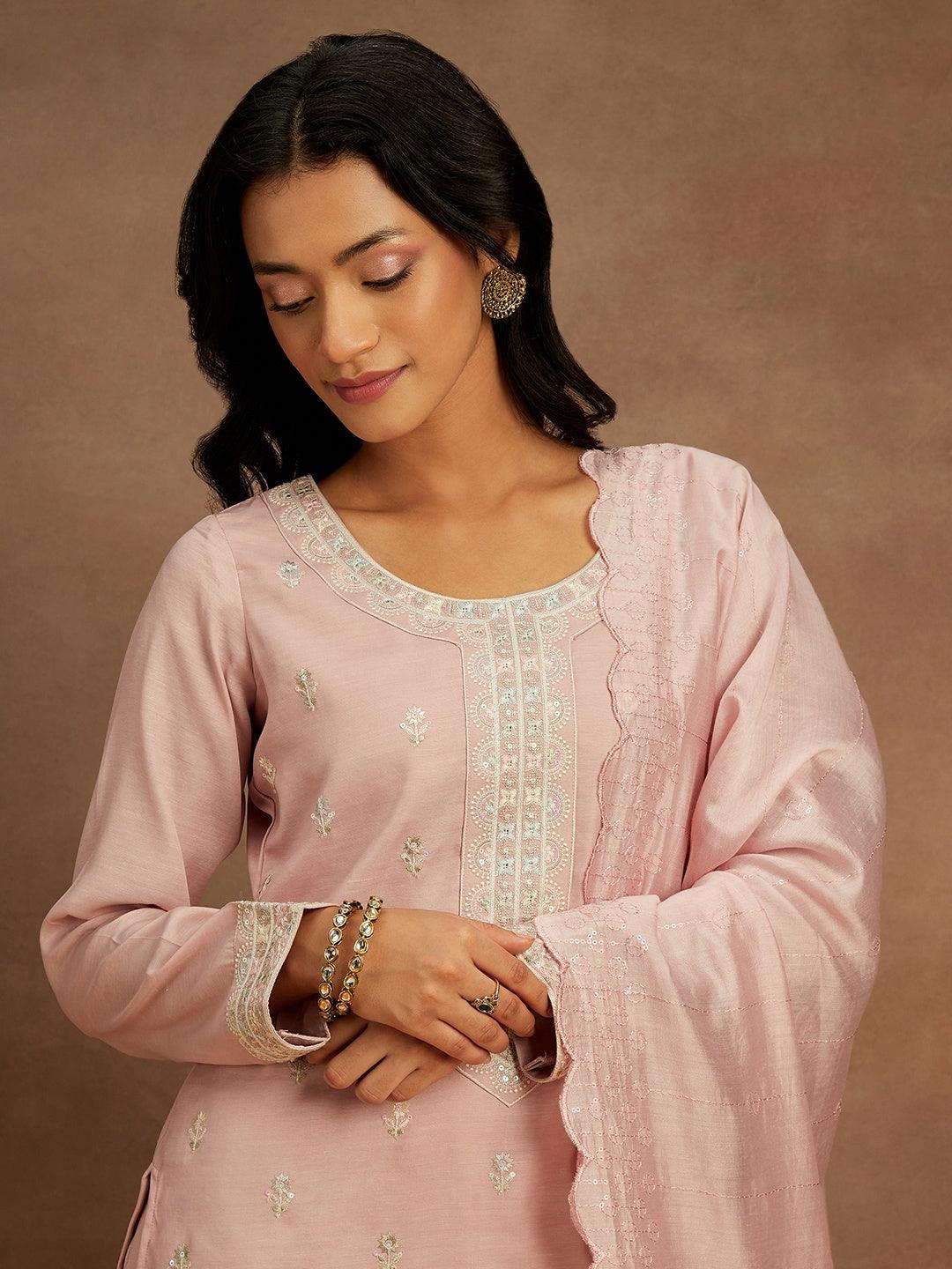 Pink Embroidered Silk Straight Suit With Dupatta