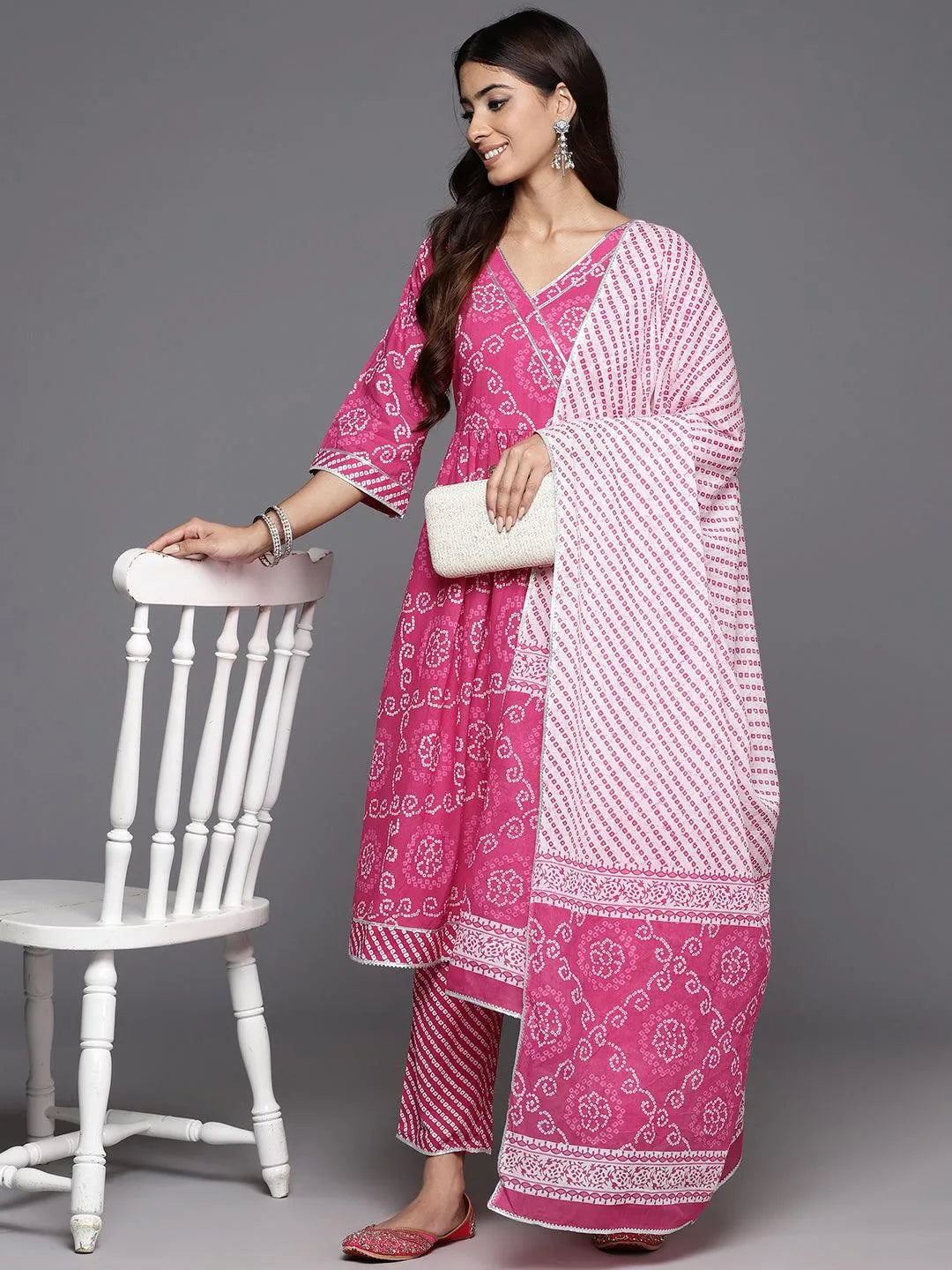 Pink Printed Cotton A-Line Kurta With Trousers & Dupatta - Libas