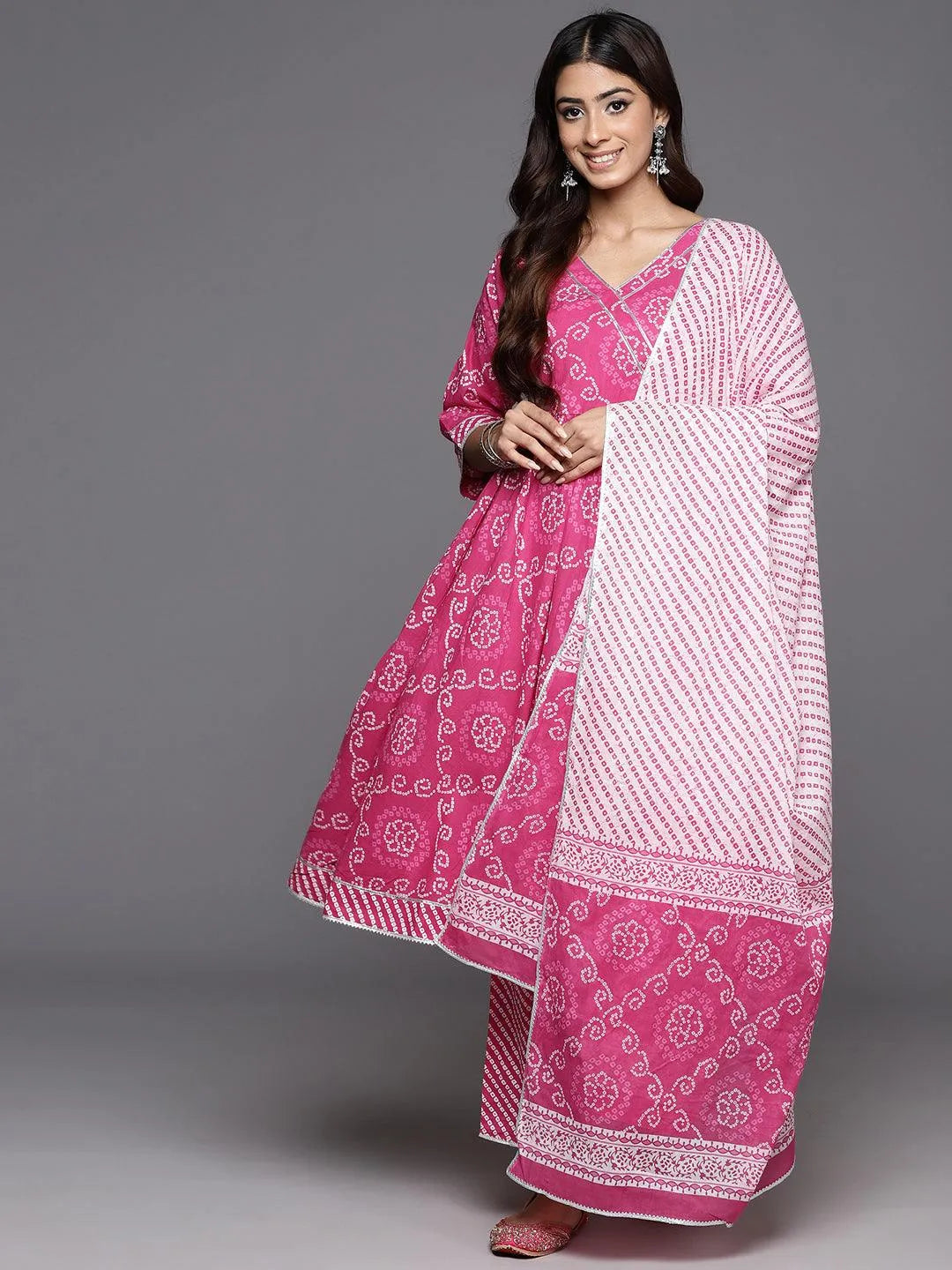 Pink Printed Cotton A-Line Kurta With Trousers & Dupatta - Libas