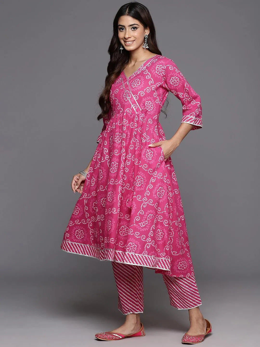 Pink Printed Cotton A-Line Kurta With Trousers & Dupatta - Libas 