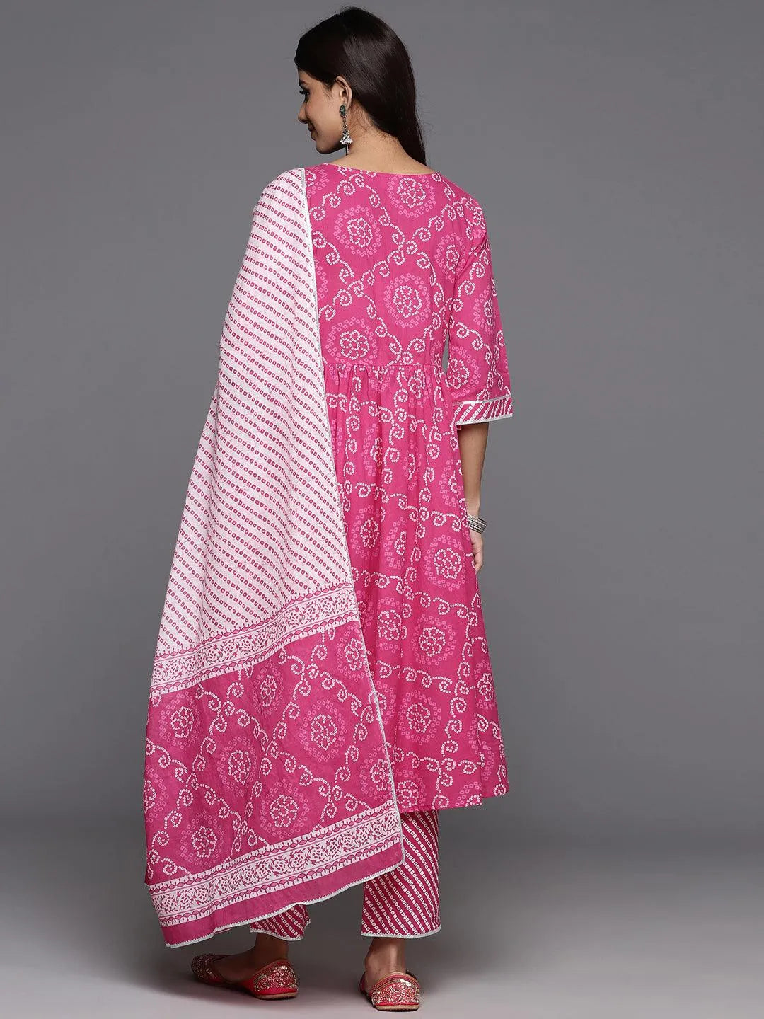 Pink Printed Cotton A-Line Kurta With Trousers & Dupatta - Libas 