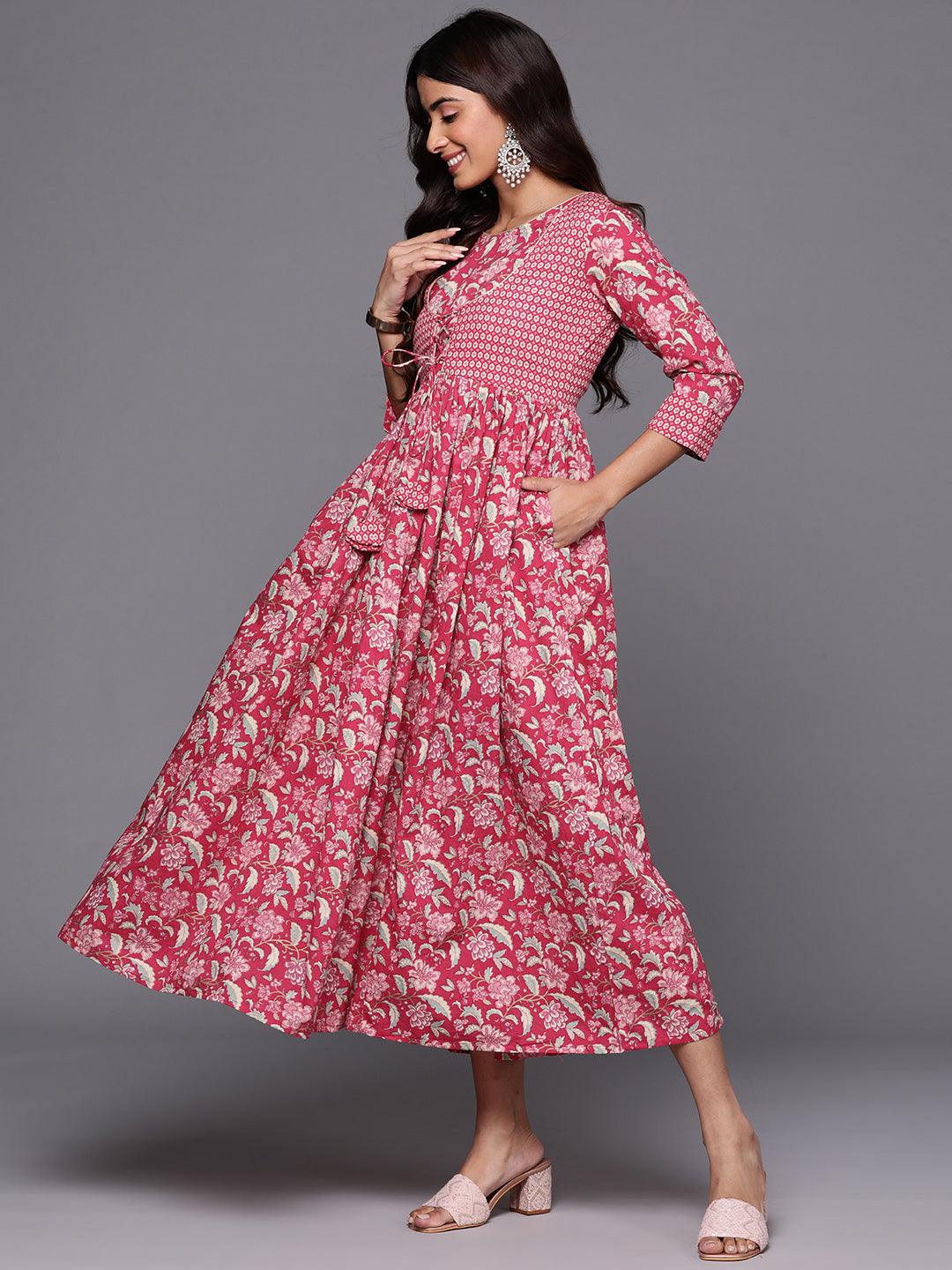 Pink Printed Cotton Fit and Flared Dress