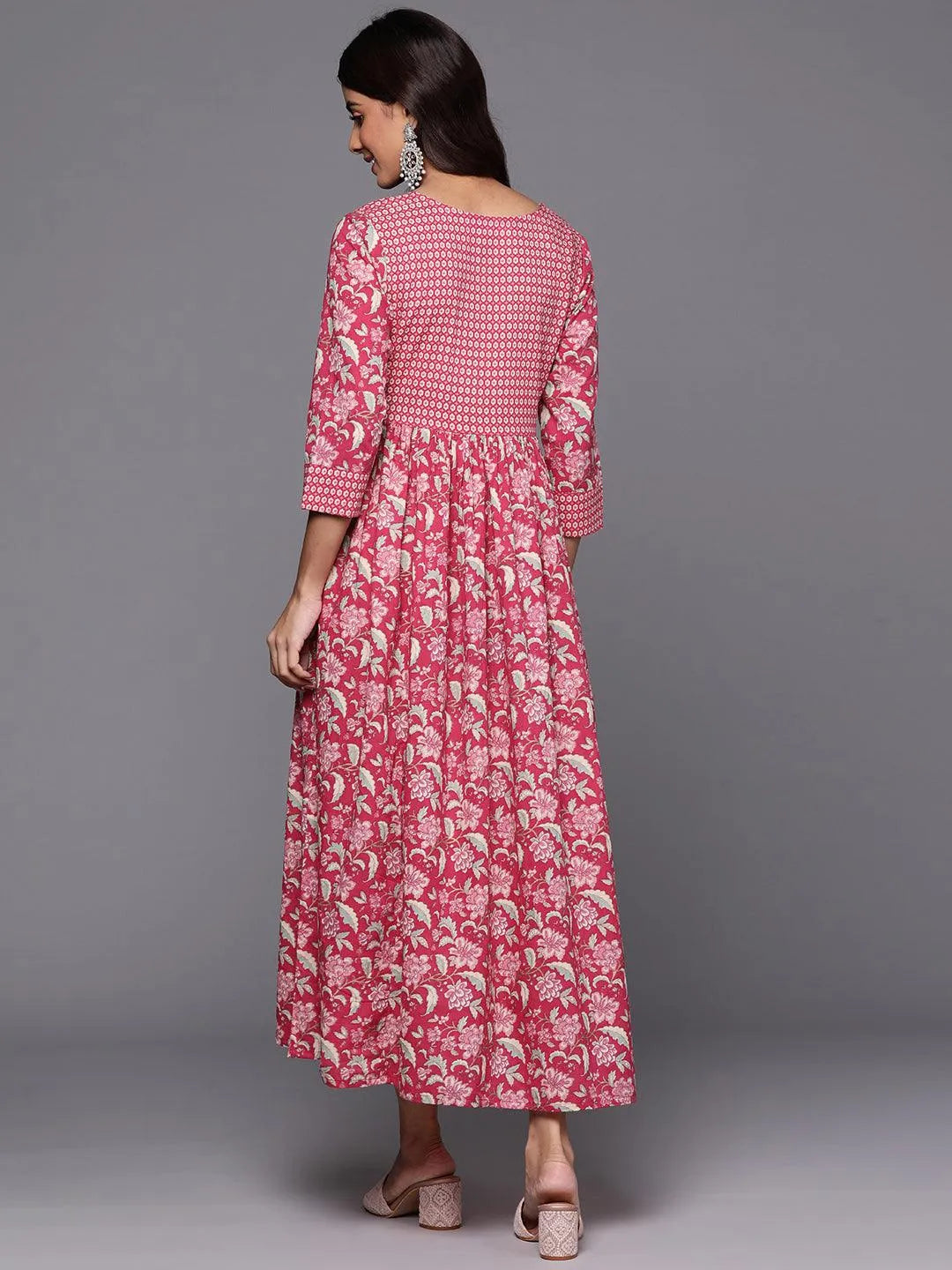 Pink Printed Cotton Fit and Flared Dress - Libas 