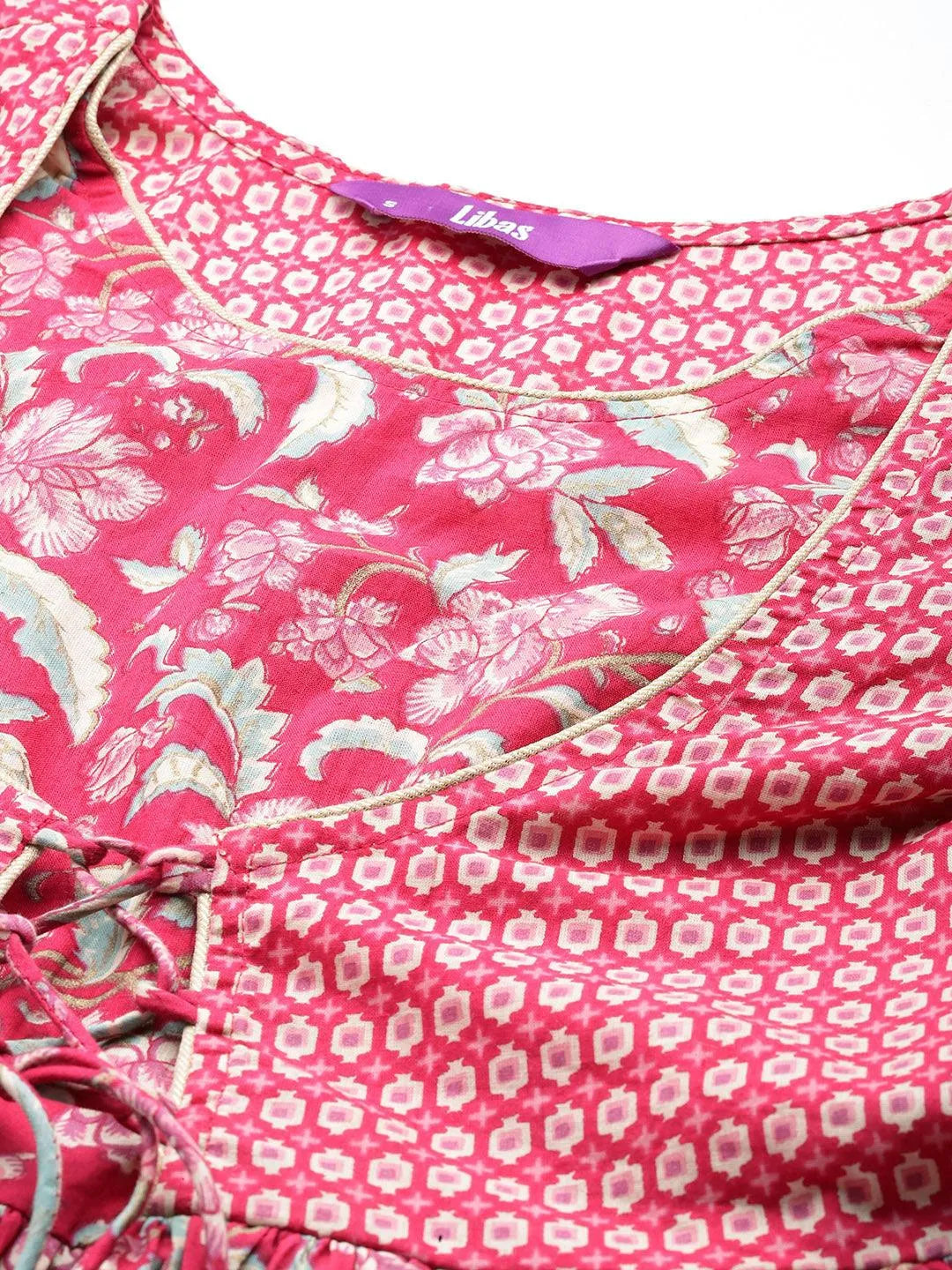 Pink Printed Cotton Fit and Flared Dress - Libas 