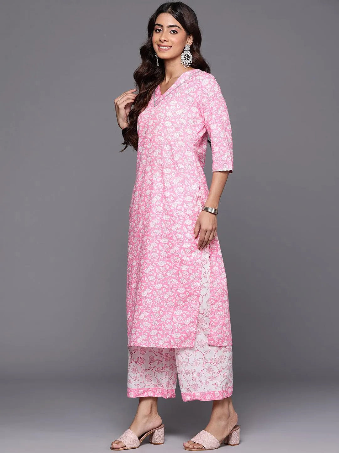 Pink Printed Cotton Straight Kurta With Palazzos & Dupatta - Libas