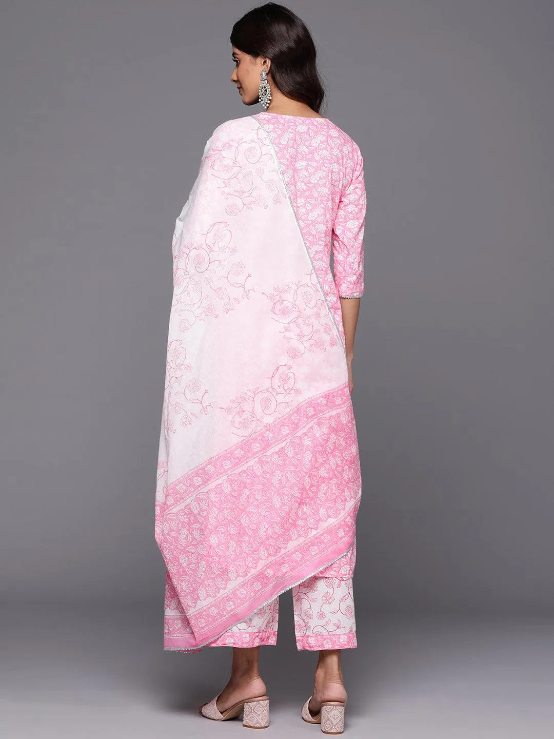 Pink Printed Cotton Straight Kurta With Palazzos & Dupatta - Libas 