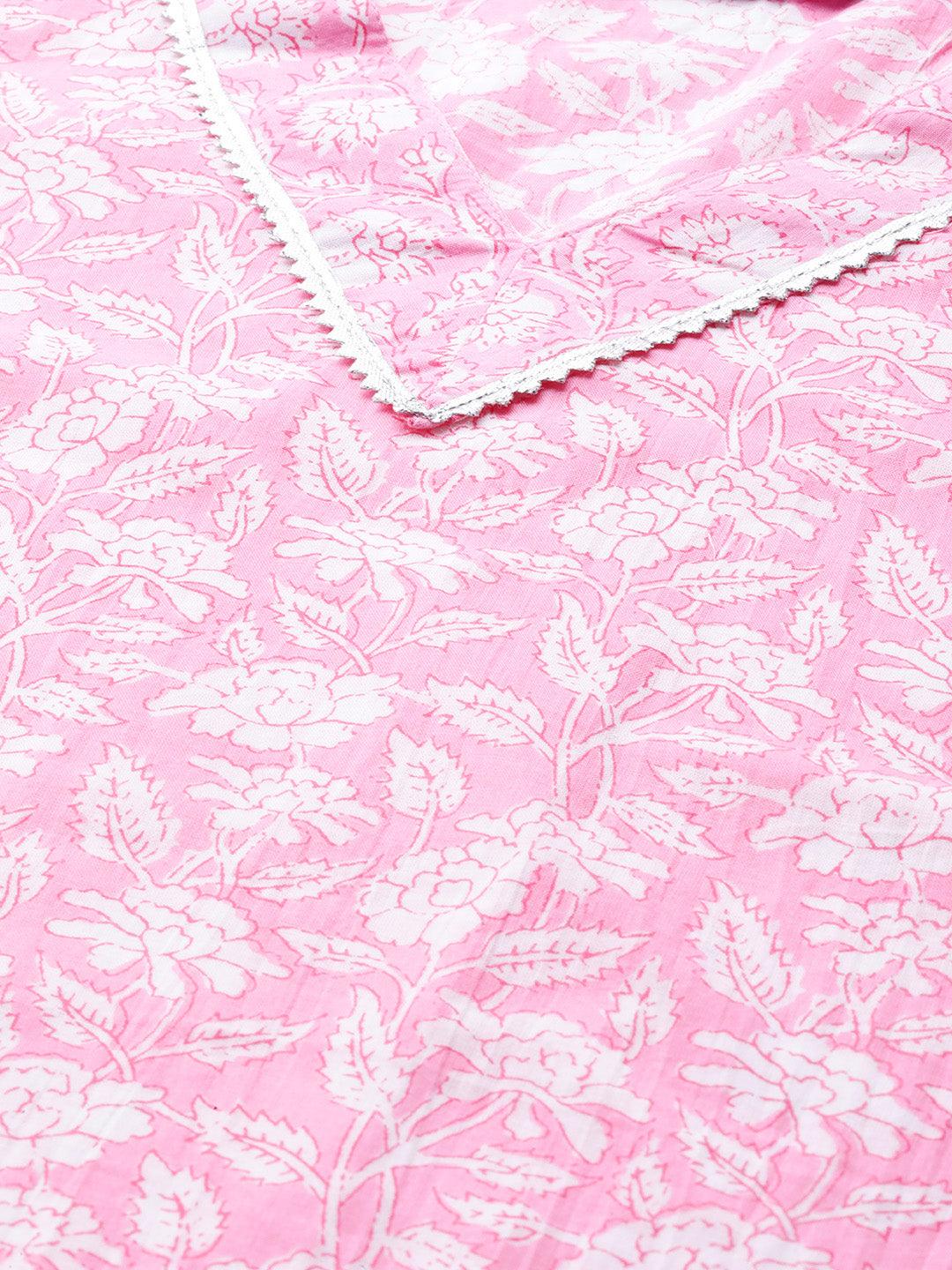 Pink Printed Cotton Straight Kurta With Palazzos & Dupatta - Libas