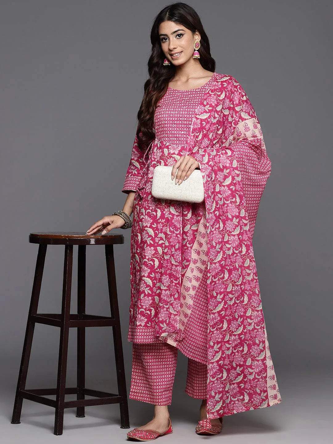 Pink Printed Cotton Straight Kurta With Trousers & Dupatta - Libas