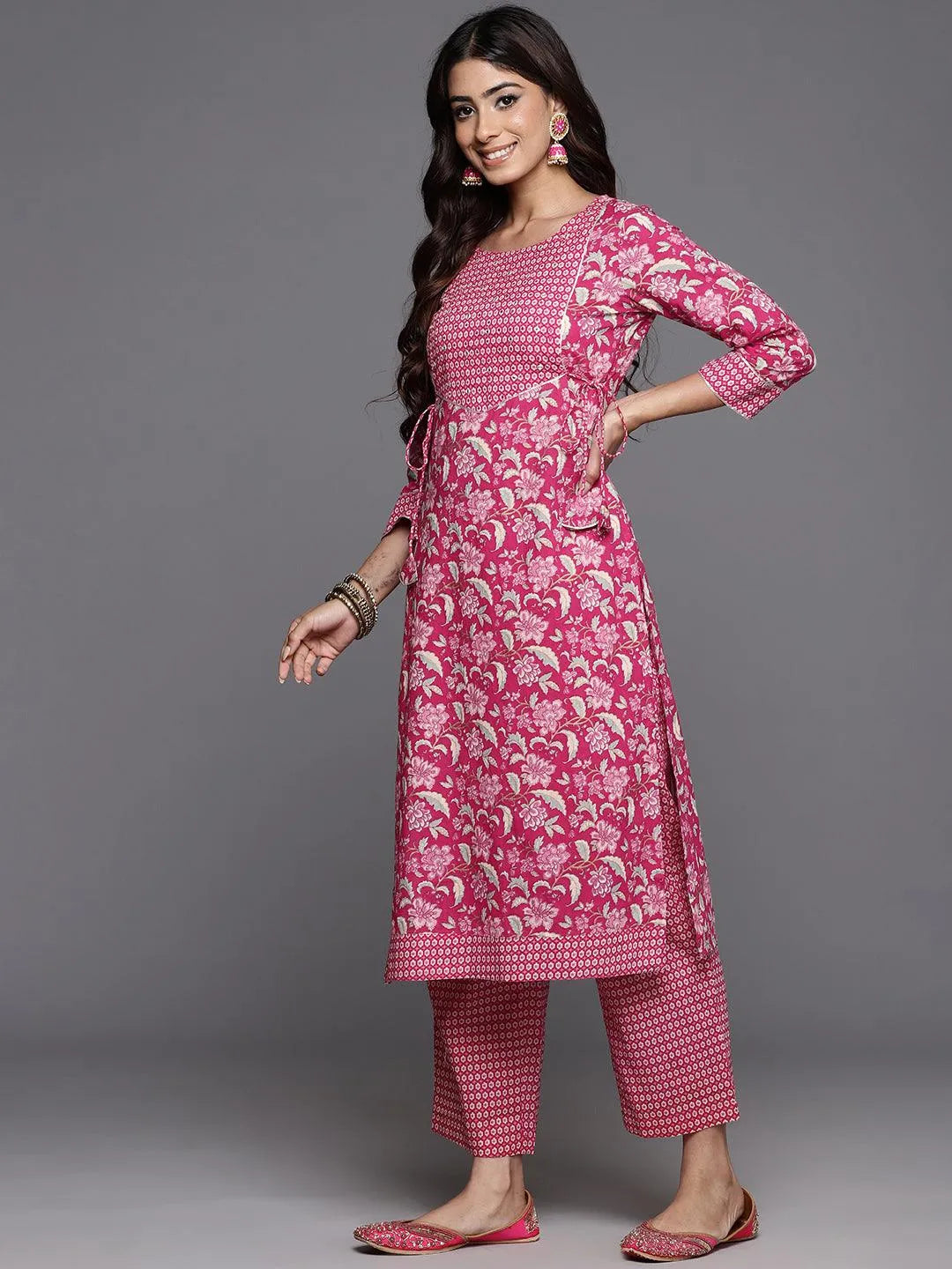 Pink Printed Cotton Straight Kurta With Trousers & Dupatta - Libas 
